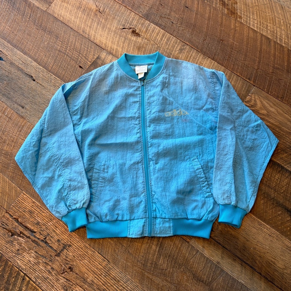 Vintage Adidas Originals Blue Bomber Jacket Trefoil Spellout Windbreaker L